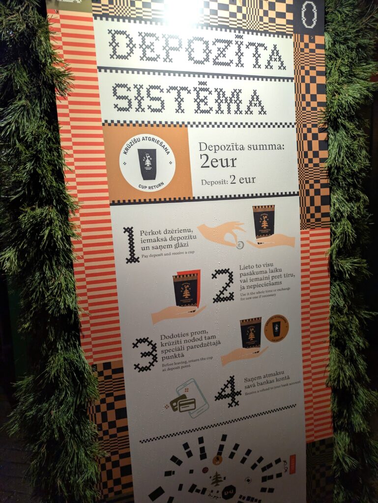 カップの仕組みを案内する掲示板。ラトビア語・英語併記@Pen&Voyage