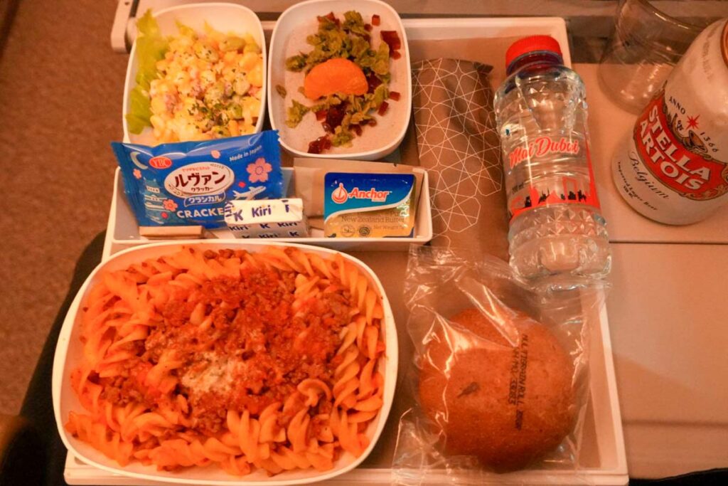 EK319便の機内食（夜食）©Pen＆Voyage

前菜：枝豆とコーンのサラダ・レタス、マヨネーズを添えて

メイン：フジッリのボロネーゼ・パルメザンチーズをトッピング

デザート：ごまのブラマンジェ・ブラウンシュガーのゼリーと抹茶チョコレートを添えて、チョコレート