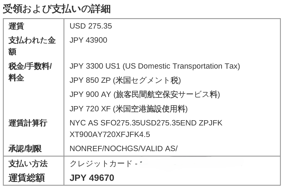 JFK⇒SFO片道275.35ドル（税込）